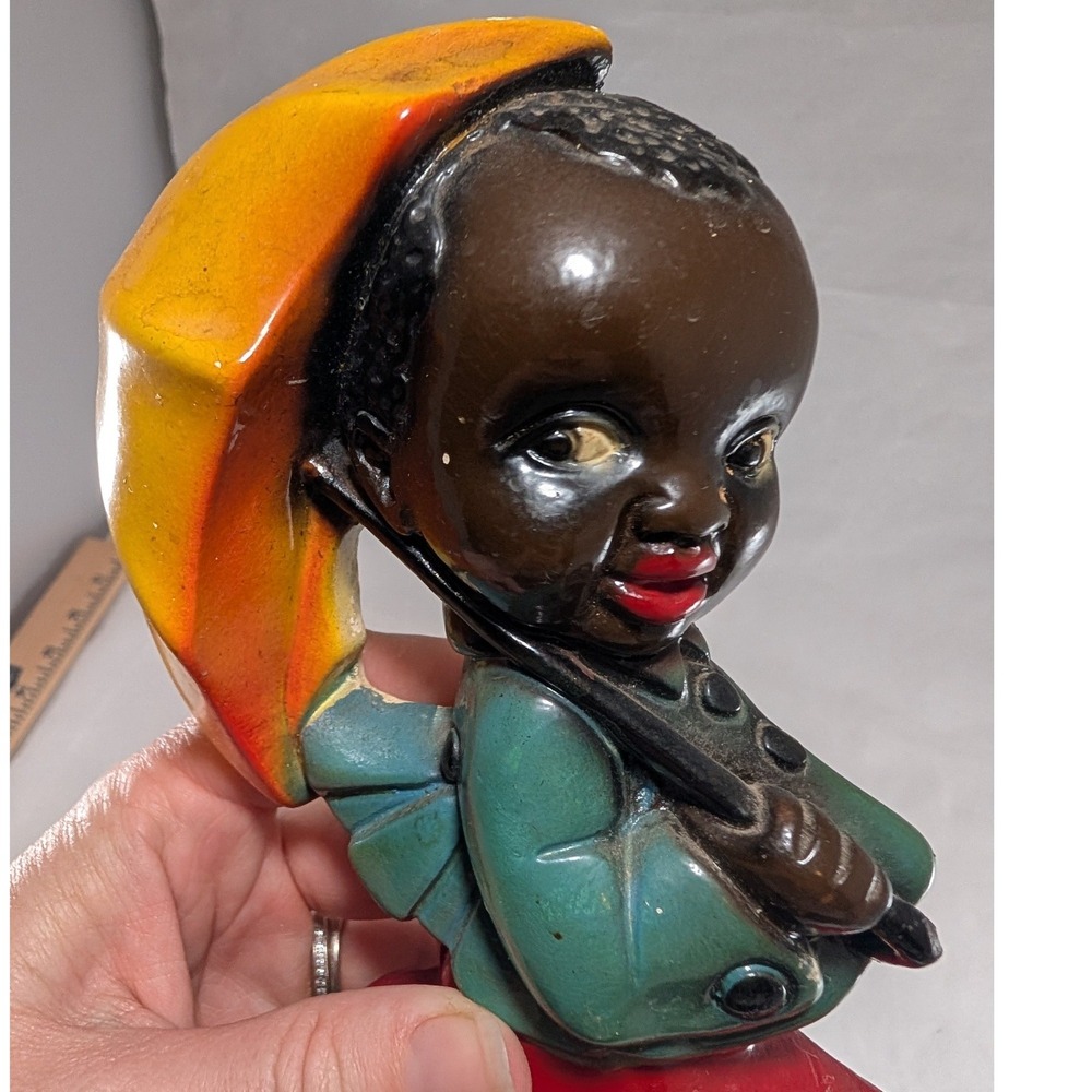 Vintage Chalkware Wall Plaques – Girl and Boy with Blue Umbrellas - Picture 9 of 11